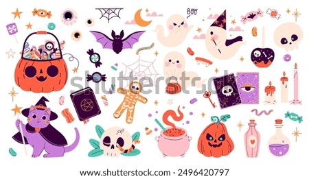 Happy Halloween stickers. Cute set of mascots pumpkin head, black cat, skeleton, ghost, eyes, bat, Halloween sweets and candies. Happy Halloween, trick or treat. Vector illustration in flat style