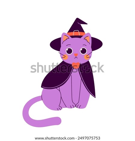 Halloween card with cute black cat. Halloween sticker. Happy holiday. Happy Halloween, Halloween for kids. Vector illustration in flat style	
