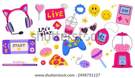 Set of Video game stickers. Gamer stickers with pixel icons, cartoon flat style. Vector gaming modern elements: game console, controller, joystick, headphones with ears. Gamer and streamer stickers