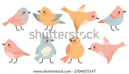 Set of spring birds. Different birds. Beautiful and cute multi-coloured birds. Vector cartoon illustration in childish style. Images are isolated on white. 