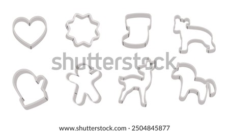 Set of different cookie cutters. Gingerbread cutter molds, raw dough.  Shaped cutter for fruit and cookie vector cartoon set isolated on a white background. Homemade bakery preparing with dough.