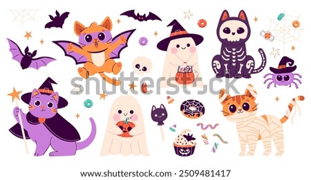 Set of  cute Happy Halloween stickers with cats in different costumes, mummy, spider, ghosts, vampire, witch, candies and sweets. Halloween, trick or treat. Vector illustration in flat style isolated