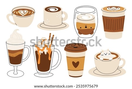 Set of cute Coffee Cups with Latte Art. Collection of coffee drinks with variety latte art heart, leaf, bear, cat, Flower. Cafe Bar or Coffee House Graphics. Vector Illustration, Icons. Isolated 