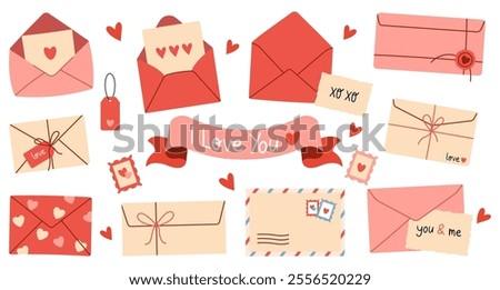 Set Stickers for St. Valentine's Day on February 14 with envelopes and love letters. Romantic open and closed envelopes with cards, letters, various elements and text. Vector flat illustration