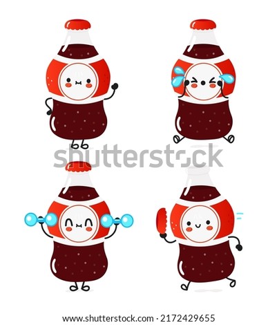 Funny cute happy Cola soda characters bundle set. Vector hand drawn doodle style cartoon character illustration icon design. Cute happy Cola soda mascot character collection