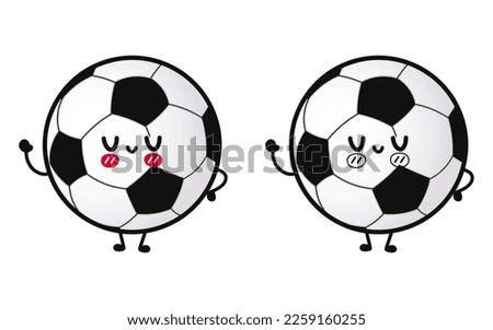 Funny cute happy Soccer ball characters bundle set. Vector hand drawn cartoon kawaii character illustration icon. Cute Soccer ball. Outline cartoon illustration for coloring book