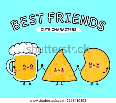 Cute, funny happy glass of beer, nachos and chips. Vector hand drawn cartoon kawaii characters, illustration icon. Funny cartoon glass of beer, nachos and chips mascot friends concept