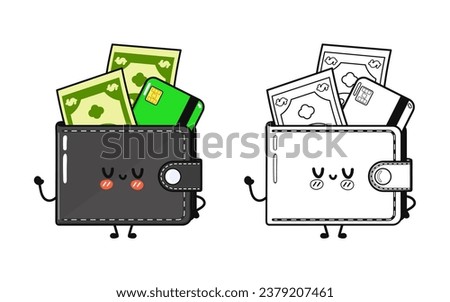 Funny cute happy Wallet with money characters bundle set. Vector hand drawn cartoon kawaii character illustration icon. Cute Wallet with money. Outline cartoon illustration for coloring book