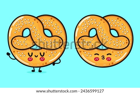 Cute funny French pretzel. Vector hand drawn cartoon kawaii character illustration icon. Isolated on blue background. French pretzel character concept
