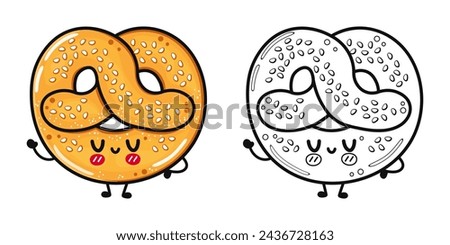 Funny cute happy French pretzel characters bundle set. Vector hand drawn cartoon kawaii character illustration icon. Cute French pretzel. Outline cartoon illustration for coloring book