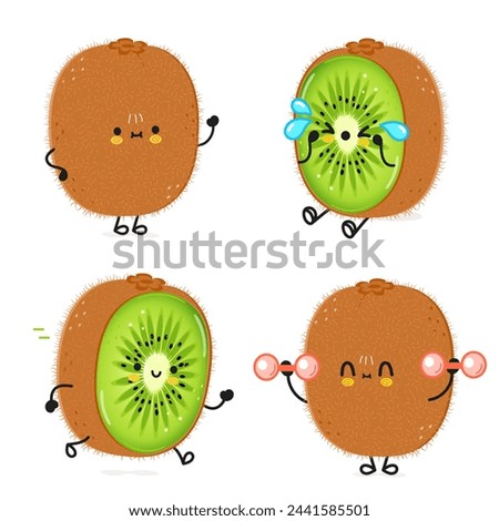 Cute happy Kiwi fruit characters bundle set. Vector hand drawn doodle style cartoon character illustration icon design. Cute Kiwi fruit mascot character collection