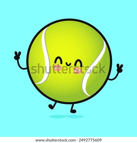 Cute funny jumping Tennis ball. Vector hand drawn cartoon kawaii character illustration icon. Isolated blue background. Happy Tennis ball character concept