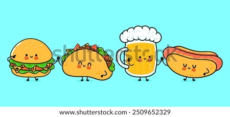 Cute, funny happy glass of beer, hot dog, hamburger, taco . Vector hand drawn cartoon kawaii characters, illustration icon. Funny cartoon glass of beer, hot dog, hamburger, taco mascot friends concept