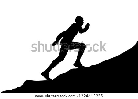 concept to overcome difficulties. man climbing steep mountain