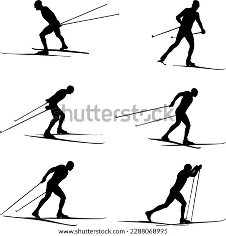 set black silhouette athlete skier cross-country skiing race, winter sports games