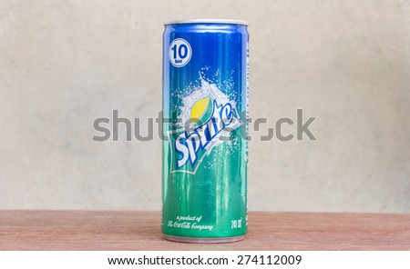 Friday, 1 May 2015: in Chiang mai Thailand, Sprite soda cans on wood table and vintage background