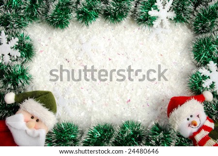 Christmas frame from a garland, snowflakes, Santa and snowman