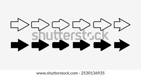 A set of different navigation arrows. Arrows pointing in the direction. Simple icons. Arrow options.