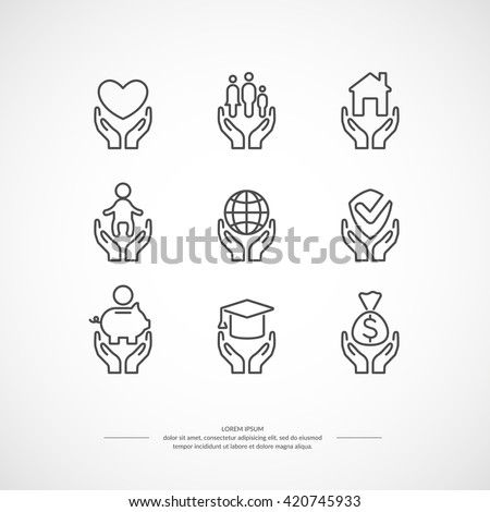 Set of linear icons support and care. Set conceptual icons life insurance and property.