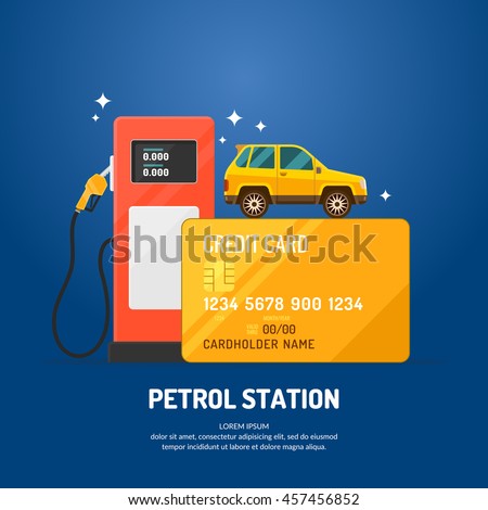 Bright advertising poster on the theme of gas station. Purchase fuel with a credit card. Vector illustration.