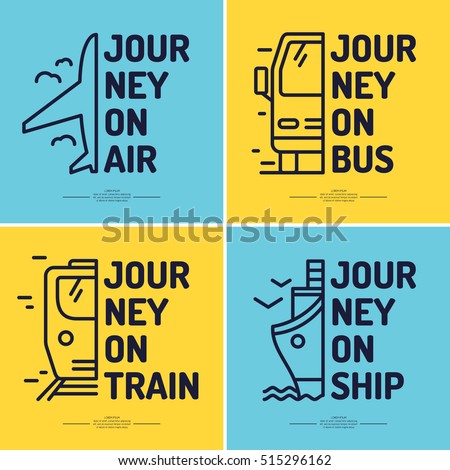 Set of minimalistic posters of journey by airplane, train, bus, boat, ship. Vector icons transport.