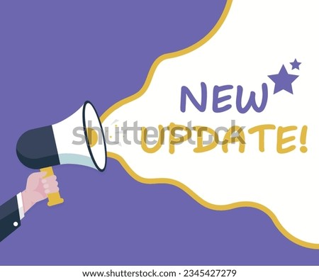 New Update- Male hand holding megaphone. Loudspeaker. Banner for business, marketing and advertising. Vector illustration