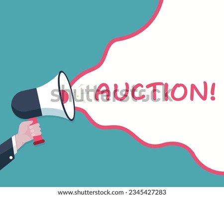 
Auction - Male hand holding megaphone. Loudspeaker. Banner for business, marketing and advertising. Vector illustration