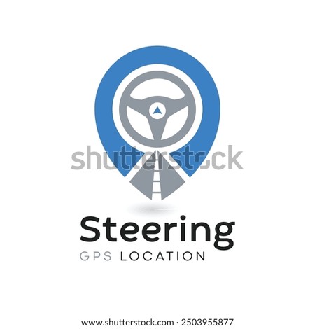 Steering wheel and gps locator symbol. Drive Point Logo. Location Pin Combined with Steering wheel icon