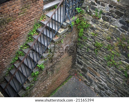 Stairs lead from street-level to the river-walk in Savannah, Georgia