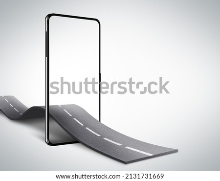 Road coming out from mobile. Shopping on mobile. creative ads and mockup. design advertisement.travel and vacation road advertisement. 3D illustration of road. 3D standing mobile mockup. ストックフォト © 