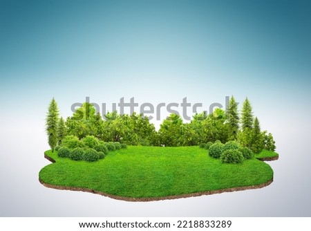 Travel and vacation background. 3d illustration with cut of the ground and the grass landscape. The trees on the island. eco design concept. Imagine de stoc © 