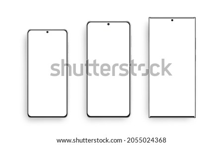 Modern Frameless Smartphones Mockups with Blank Screens, Isolated on White Background. Vector Illustration