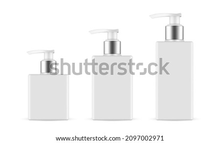 Set of Plastic Pump Bottles with Metallic Cap, Isolated on White Background. Vector Illustration