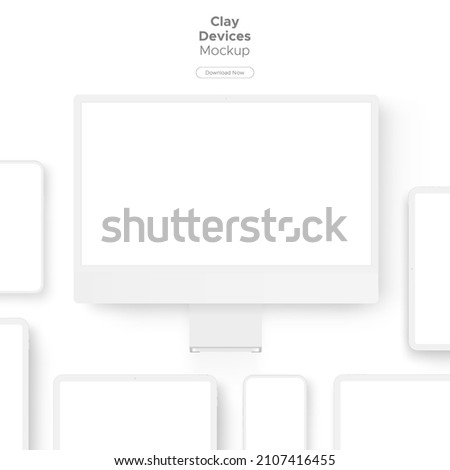 Clay Responsive Devices Mockup. White Computer Monitor, Tablet, Smartphone. Vector Illustration