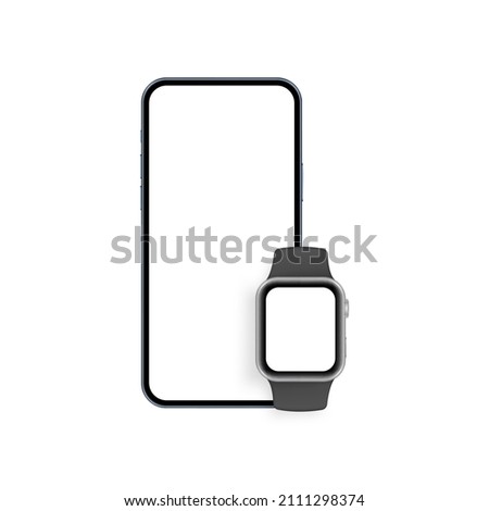 Smartphone and Smart Watch Mockups with Blank Screens, Isolated on White Background. Vector Illustration