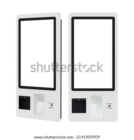 Touch Screen Food Ordering Self-Service Kiosk for Restaurant, Front and Side View, Isolated on White Background. Vector Illustration