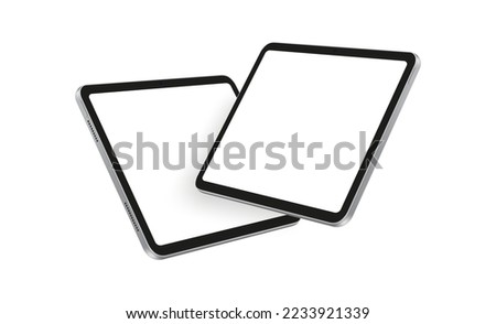 Silver Tablet Computers Mockups with Blank Horizontal Screens, Side Perspective View, Isolated on White Background. Vector Illustration