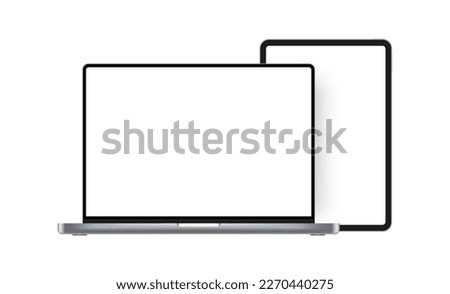 Laptop Silver Mockup With Tablet, Blank Screens, Isolated on White Background. Vector Illustration