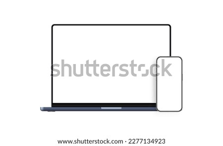 Laptop Dark-Blue, Smartphone With Blank Screens, Isolated on White Background. Vector Illustration