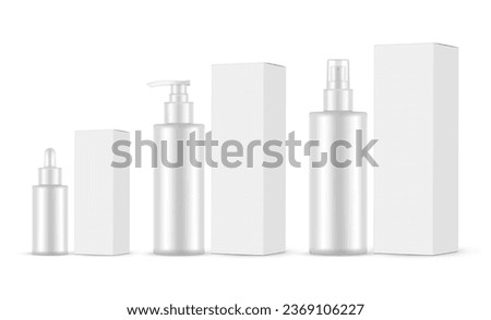 Set of Plastic Cosmetic Bottles, Dropper, Spray, Pump, Packaging Boxes, Isolated On White Background. Vector Illustration