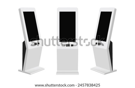 Self Service Visitor Registration Digital Kiosk, Visiting Queuing Inquiry Ticket Machine, Payment Terminal, Front, Side View. Vector Illustration