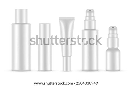 Plastic Cosmetic Bottles Mockups Set, Tube, Pump Bottle, Shampoo, Isolated On White Background. Vector Illustration