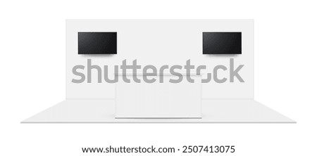 Exhibition Trade Show Booth Mockup With Back Wall, TV Screens And Counter Table, Front View, Isolated On White Background. Vector Illustration