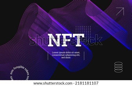 Illustration for NFT, made in a modern tech style, bright pink-blue gradient with white elements on a black background. Abstract fractal lines in cyber punk style. Perfect for web banners, covers, etc