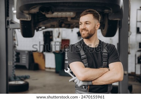 Similar – Image, Stock Photo Bearded mechanic repairing wheel of bicycle