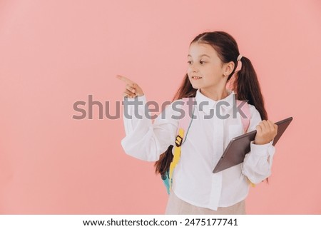 Similar – Image, Stock Photo happy kid girl in blue dress and straw walking on summer sunny meadow. Lifestyle shot, rural living and summer traveling concept