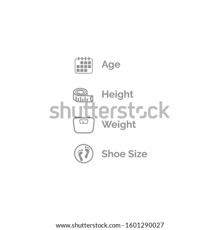 Age, weight, height, shoe number vector icon set