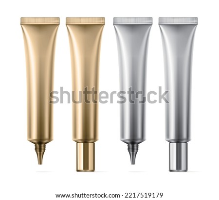 gold and silver plastic tube for medicine or cosmetics cream, gel, skin care, toothpaste. tube mockup isolated on white background. Vector illust