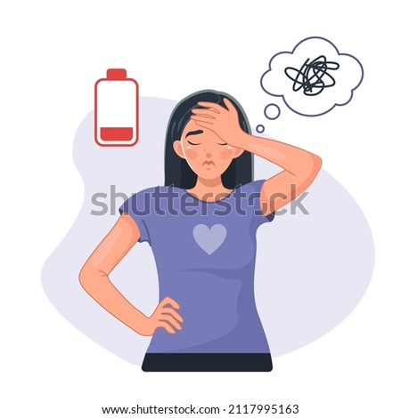 A sad tired woman with chaos in her head. Emotional burnout, neurosis, stress, overwork, fatigue, anxiety, exhaustion. The concept of mental health preservation. Vector illustration