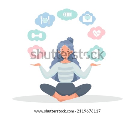 The concept of mental health. A happy girl in the lotus position and icons of physical and mental health habits. Love, sports, nutrition, career, family, etc. Lifestyle. Mental health care Photo stock © 